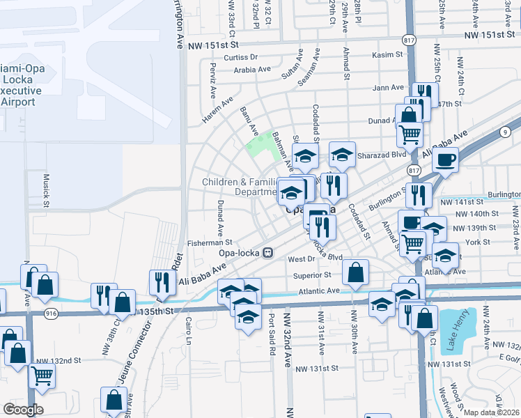 map of restaurants, bars, coffee shops, grocery stores, and more near 420 Aladdin Street in Opa-locka