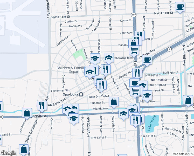 map of restaurants, bars, coffee shops, grocery stores, and more near in Opa-locka