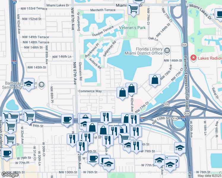 map of restaurants, bars, coffee shops, grocery stores, and more near 8340 Commerce Way in Miami Lakes