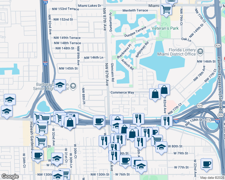 map of restaurants, bars, coffee shops, grocery stores, and more near 8646 Glencairn Terrace in Hialeah