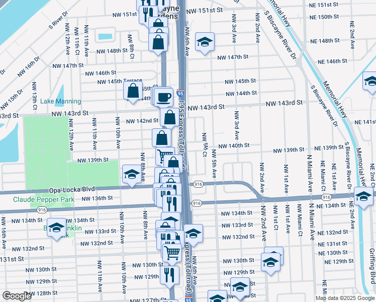 map of restaurants, bars, coffee shops, grocery stores, and more near 13905 Northwest 6th Avenue in North Miami