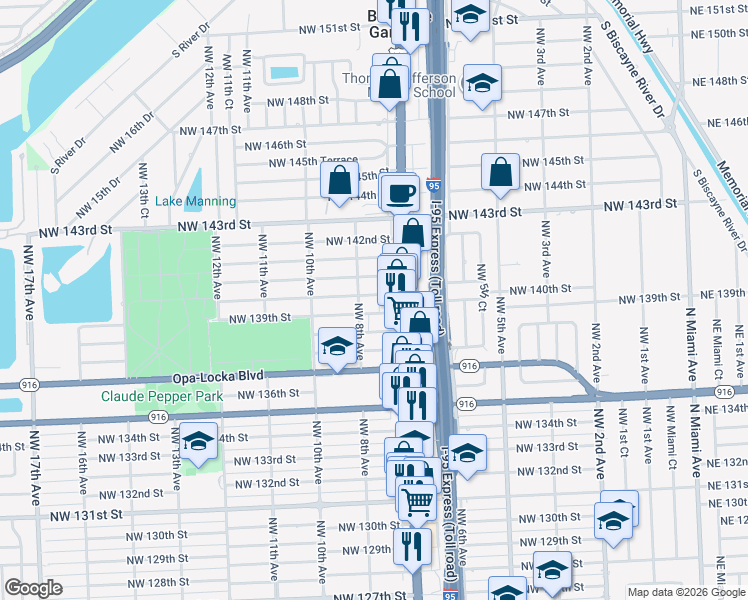 map of restaurants, bars, coffee shops, grocery stores, and more near 745 Northwest 139th Street in Miami