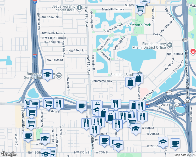 map of restaurants, bars, coffee shops, grocery stores, and more near 8500 Commerce Way in Miami Lakes