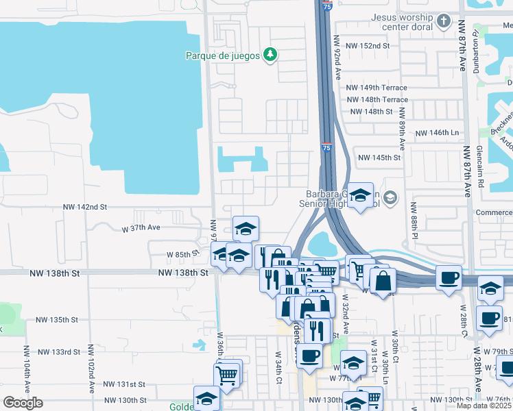 map of restaurants, bars, coffee shops, grocery stores, and more near 3554 West 88th Street in Hialeah