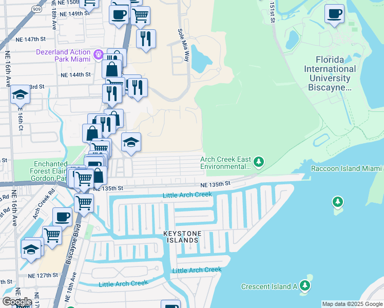 map of restaurants, bars, coffee shops, grocery stores, and more near 2414 Northeast 136th Lane in North Miami Beach