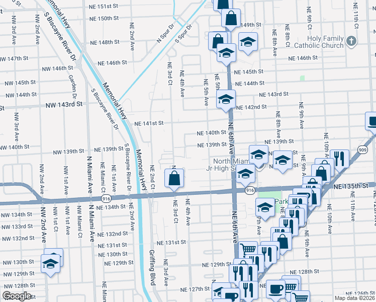 map of restaurants, bars, coffee shops, grocery stores, and more near 13805 Northeast 3rd Court in North Miami