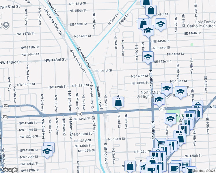 map of restaurants, bars, coffee shops, grocery stores, and more near 13770 Northeast 3rd Court in North Miami