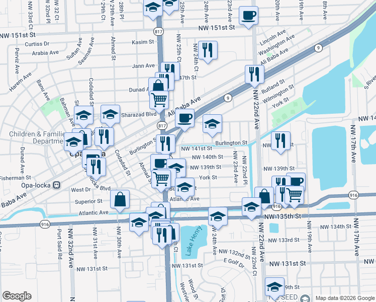 map of restaurants, bars, coffee shops, grocery stores, and more near 2480 Northwest 140th Street in Opa-locka