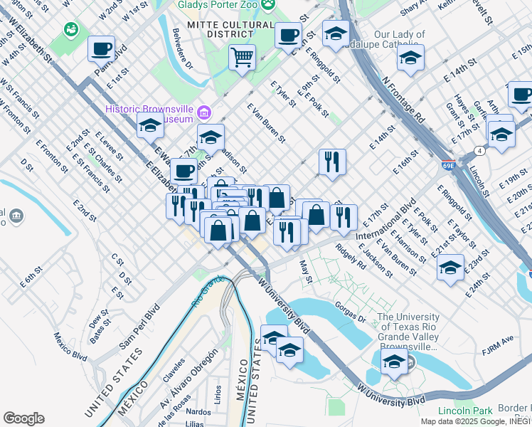 map of restaurants, bars, coffee shops, grocery stores, and more near 1218 East Jefferson Street in Brownsville