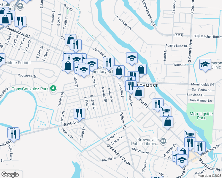 map of restaurants, bars, coffee shops, grocery stores, and more near 2905 Sandia Street in Brownsville