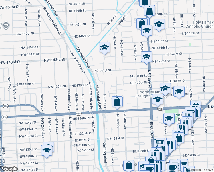 map of restaurants, bars, coffee shops, grocery stores, and more near 13770 Northeast 3rd Court in North Miami