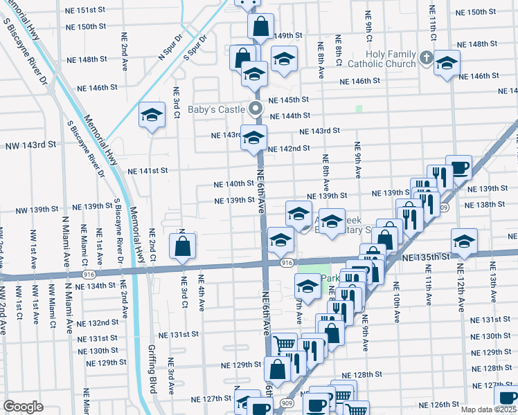 map of restaurants, bars, coffee shops, grocery stores, and more near 13725 Northeast 6th Avenue in North Miami