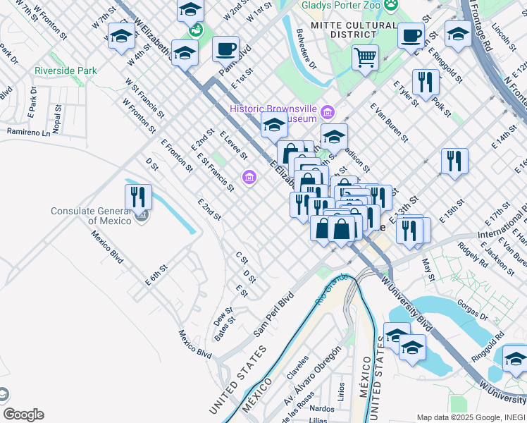 map of restaurants, bars, coffee shops, grocery stores, and more near 700 East Saint Charles Street in Brownsville