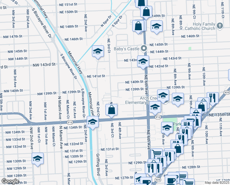 map of restaurants, bars, coffee shops, grocery stores, and more near 13805 Northeast 3rd Court in North Miami