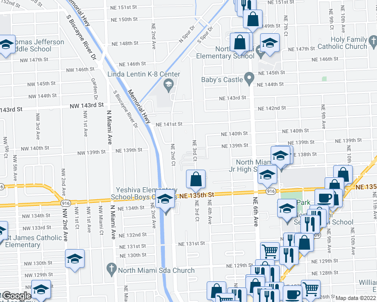 map of restaurants, bars, coffee shops, grocery stores, and more near 13770 Northeast 3rd Court in North Miami