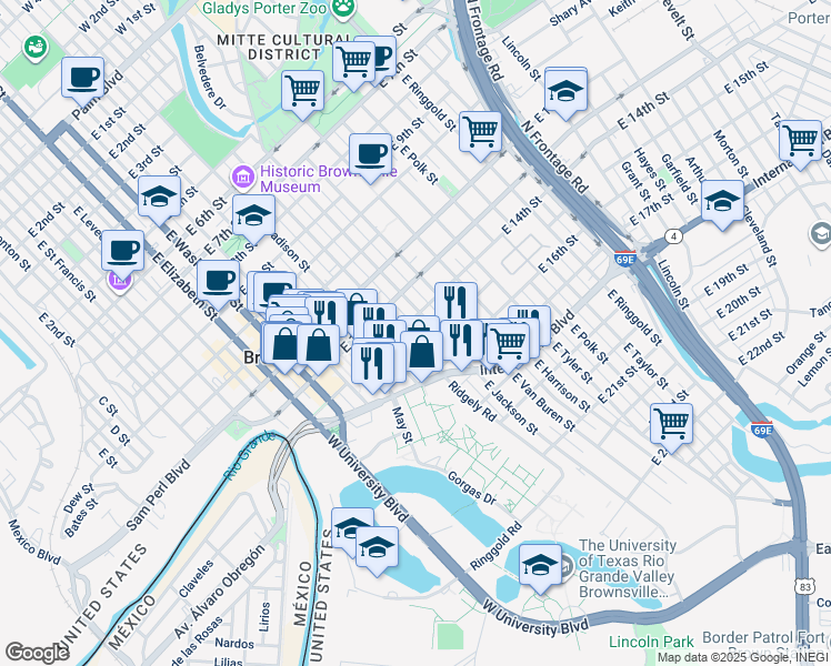 map of restaurants, bars, coffee shops, grocery stores, and more near 947 East 15th Street in Brownsville