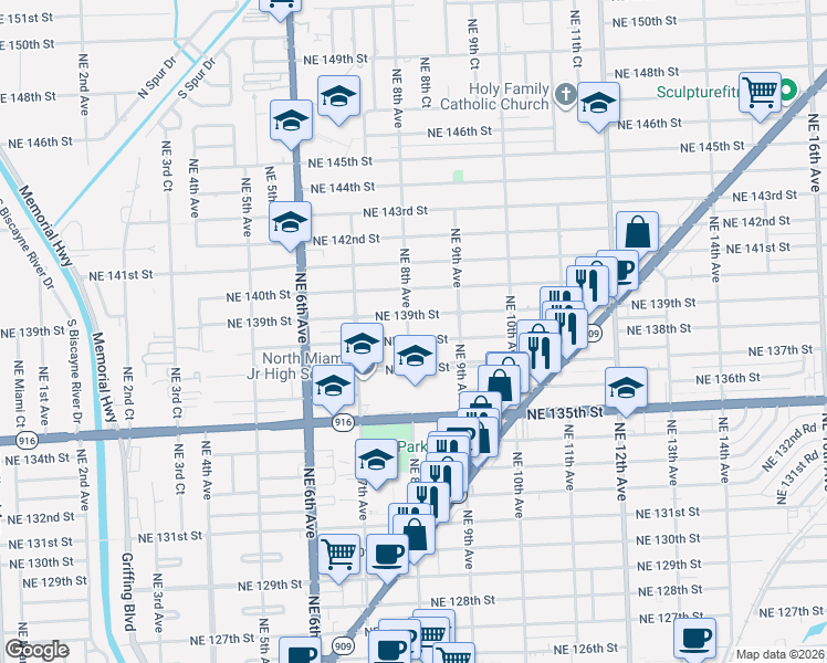 map of restaurants, bars, coffee shops, grocery stores, and more near 820 Northeast 138th Street in North Miami