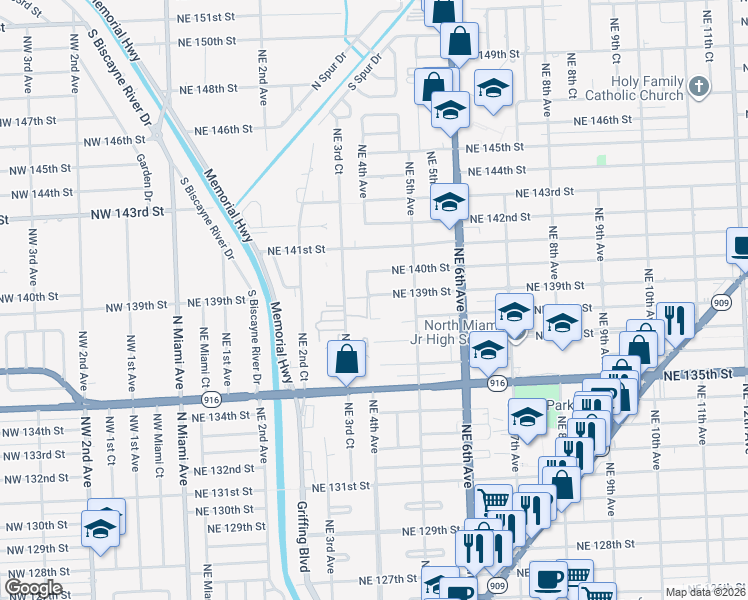 map of restaurants, bars, coffee shops, grocery stores, and more near 13805 Northeast 3rd Court in North Miami
