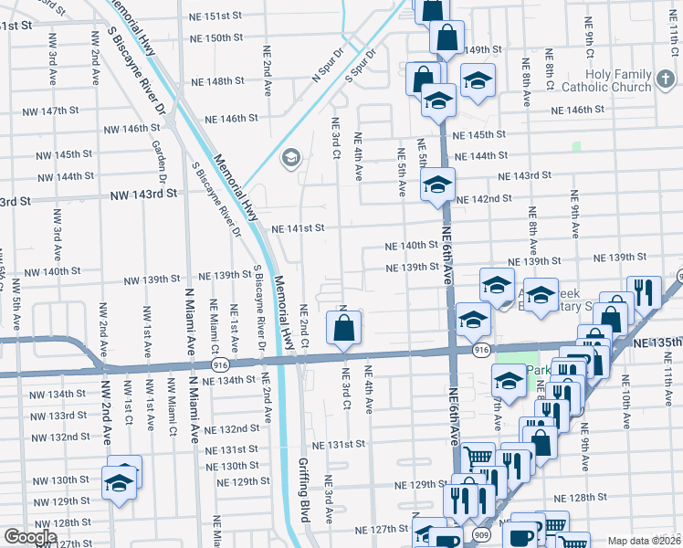 map of restaurants, bars, coffee shops, grocery stores, and more near 13805 Northeast 3rd Court in North Miami