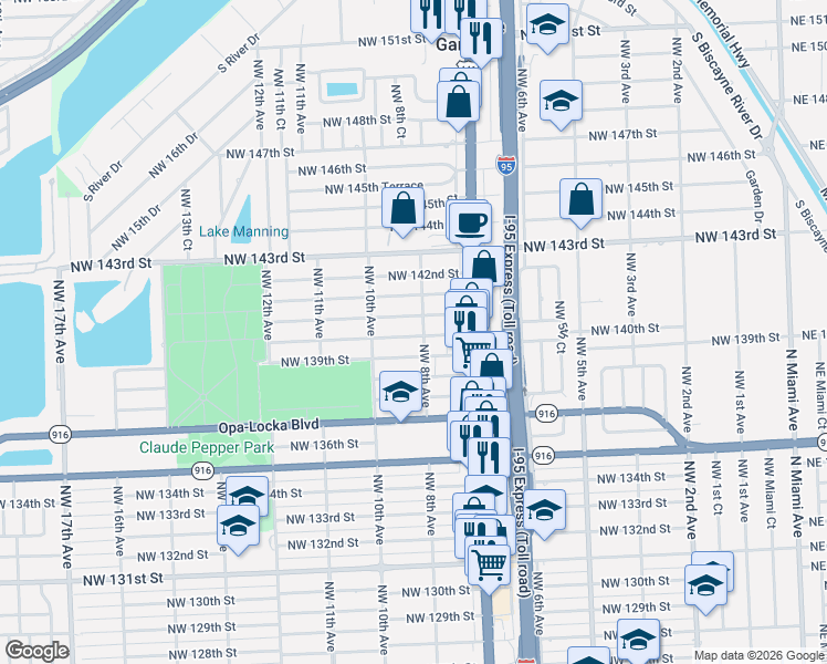 map of restaurants, bars, coffee shops, grocery stores, and more near 811 Northwest 139th Street in Miami