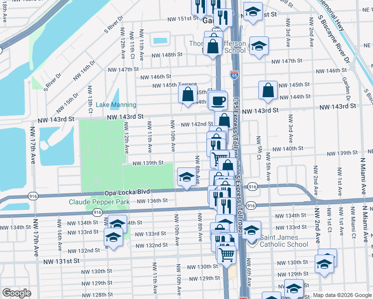 map of restaurants, bars, coffee shops, grocery stores, and more near 811 Northwest 139th Street in Miami