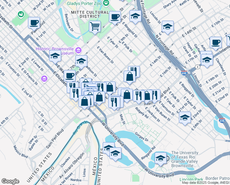 map of restaurants, bars, coffee shops, grocery stores, and more near 1301 East Madison Street in Brownsville