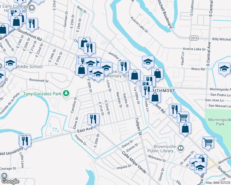 map of restaurants, bars, coffee shops, grocery stores, and more near 3055 Naranjo Street in Brownsville