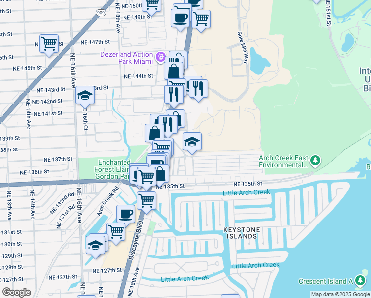 map of restaurants, bars, coffee shops, grocery stores, and more near 13767 Seabreeze Drive in North Miami Beach