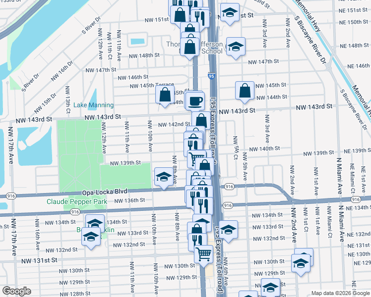 map of restaurants, bars, coffee shops, grocery stores, and more near 731 Northwest 140th Terrace in Miami