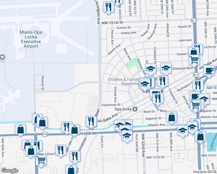 map of restaurants, bars, coffee shops, grocery stores, and more near 410 Jann Avenue in Opa-locka