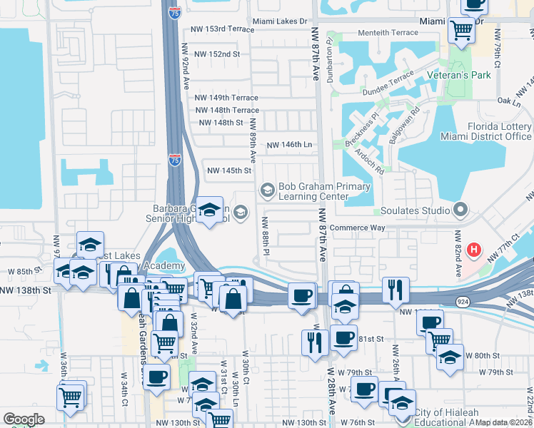 map of restaurants, bars, coffee shops, grocery stores, and more near 14250 Northwest 88th Place in Hialeah