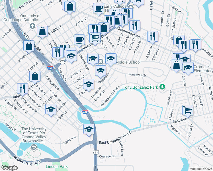map of restaurants, bars, coffee shops, grocery stores, and more near 115 Orange Street in Brownsville