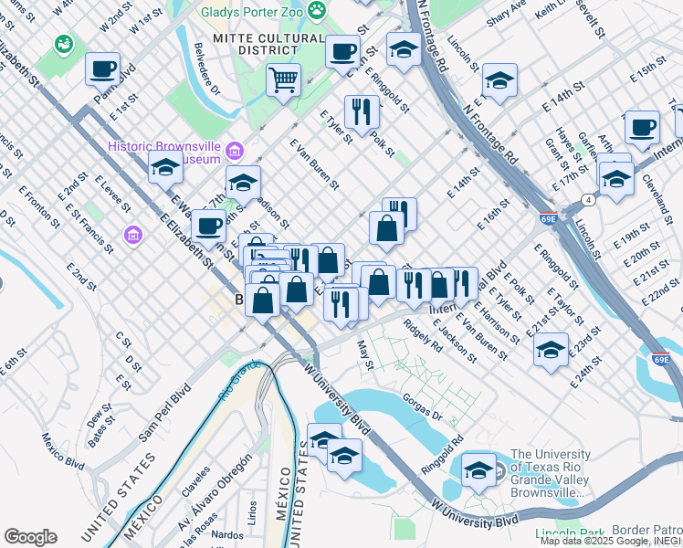 map of restaurants, bars, coffee shops, grocery stores, and more near 1301 East Madison Street in Brownsville