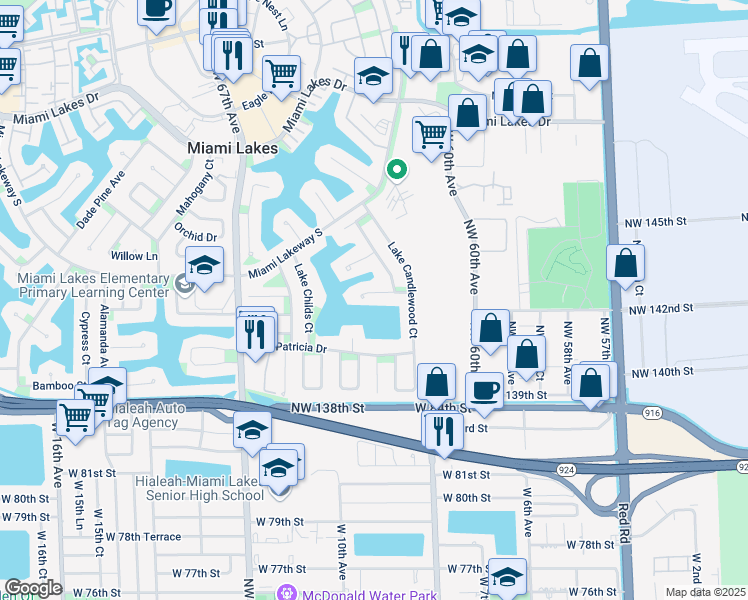 map of restaurants, bars, coffee shops, grocery stores, and more near 6327 Lake Champlain Terrace in Miami Lakes