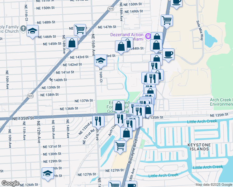 map of restaurants, bars, coffee shops, grocery stores, and more near 1721 Northeast 138th Street in North Miami