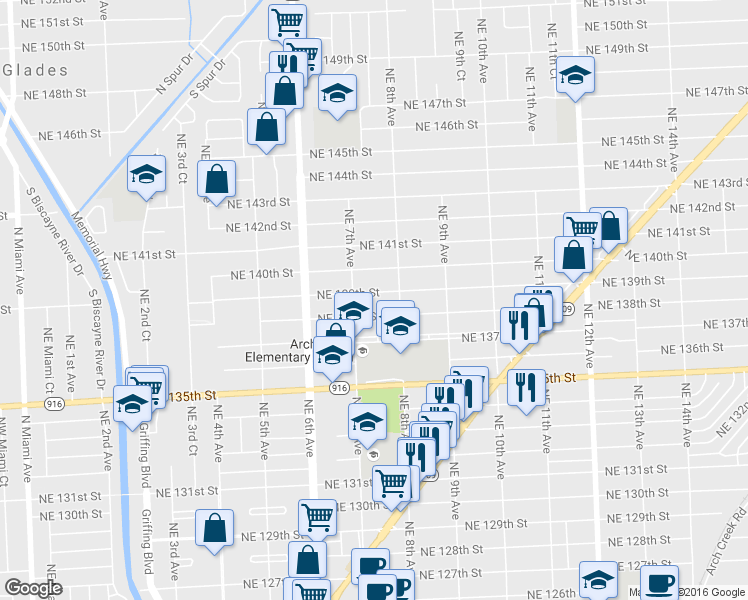 map of restaurants, bars, coffee shops, grocery stores, and more near 741 Northeast 139th Street in North Miami