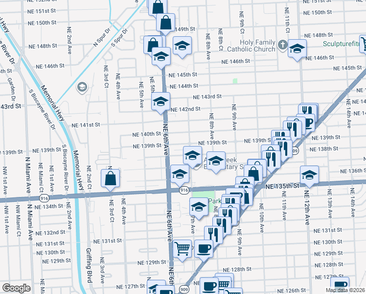 map of restaurants, bars, coffee shops, grocery stores, and more near 661 Northeast 139th Street in North Miami