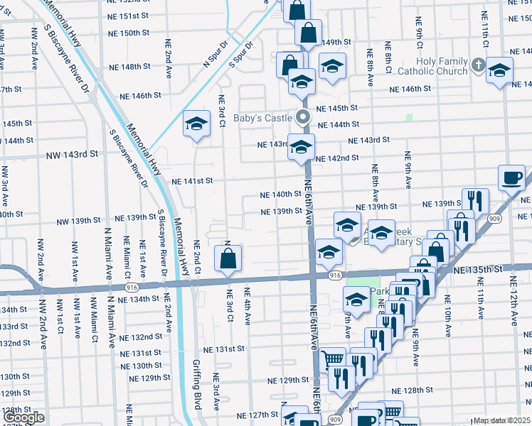 map of restaurants, bars, coffee shops, grocery stores, and more near 450 Northeast 140th Street in North Miami