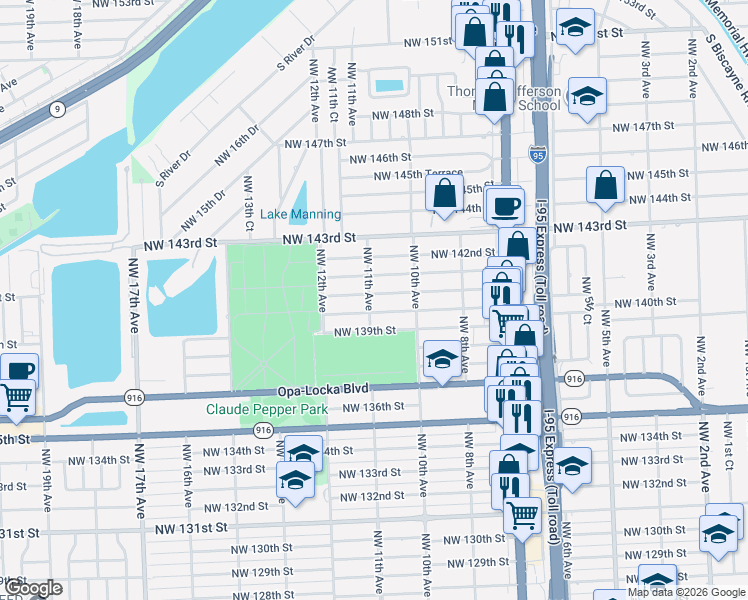 map of restaurants, bars, coffee shops, grocery stores, and more near 1050 Northwest 141st Street in Miami