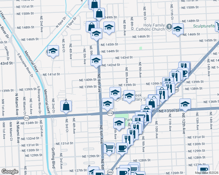 map of restaurants, bars, coffee shops, grocery stores, and more near 661 Northeast 139th Street in North Miami