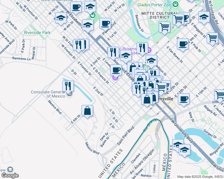 map of restaurants, bars, coffee shops, grocery stores, and more near 555 East Saint Francis Street in Brownsville
