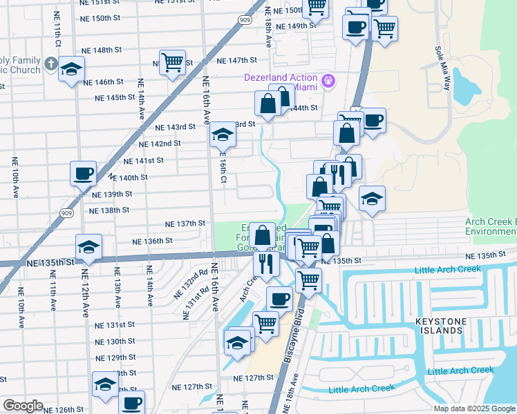 map of restaurants, bars, coffee shops, grocery stores, and more near 1721 Northeast 138th Street in North Miami