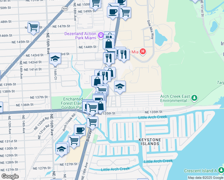map of restaurants, bars, coffee shops, grocery stores, and more near Highland Drive in North Miami Beach
