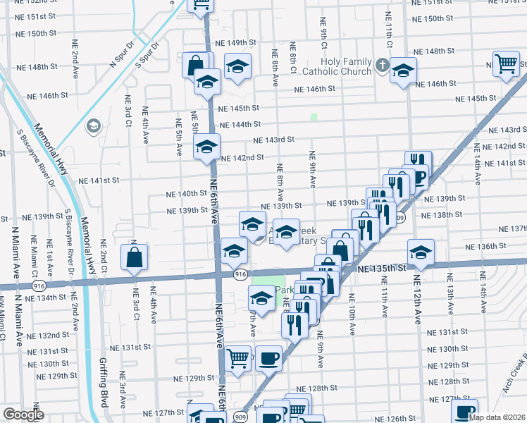 map of restaurants, bars, coffee shops, grocery stores, and more near 741 Northeast 139th Street in North Miami