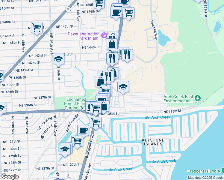 map of restaurants, bars, coffee shops, grocery stores, and more near 13791 Highland Drive in North Miami Beach
