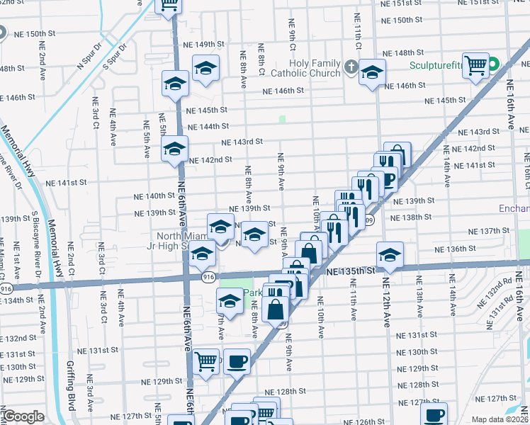map of restaurants, bars, coffee shops, grocery stores, and more near 811 Northeast 139th Street in North Miami