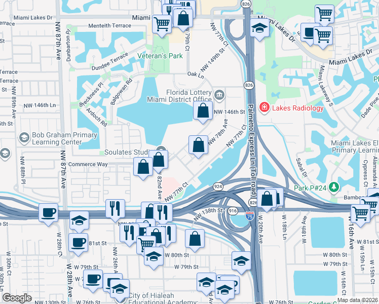 map of restaurants, bars, coffee shops, grocery stores, and more near 14355 Commerce Way in Miami Lakes