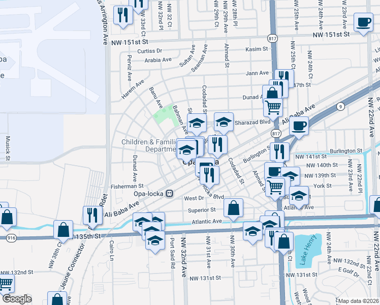 map of restaurants, bars, coffee shops, grocery stores, and more near 321 Opa-locka Boulevard in Opa-locka