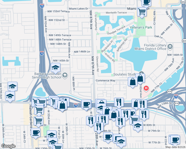map of restaurants, bars, coffee shops, grocery stores, and more near 14350 Glencairn Road in Hialeah