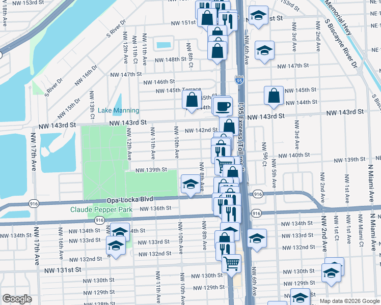 map of restaurants, bars, coffee shops, grocery stores, and more near 811 Northwest 140th Terrace in Miami